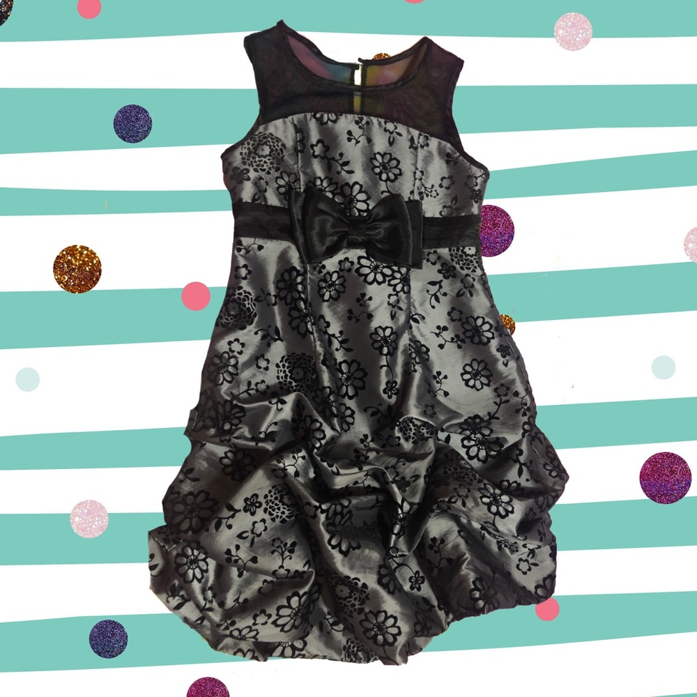 Black gray bow front floral sleeveless party dress